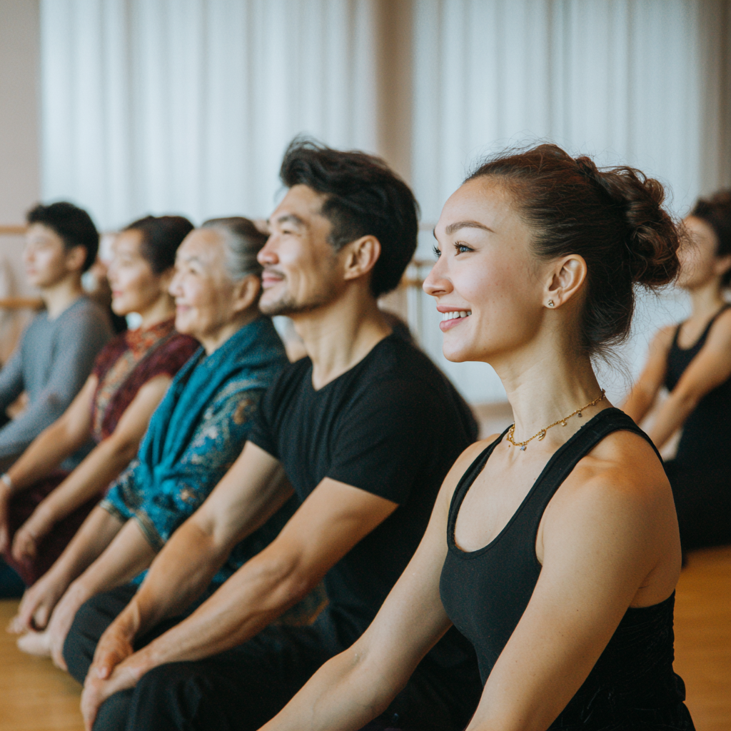 Команда профессиональных казахских тренеров разного возраста в спортивной форме, радостно улыбающихся в современном зале